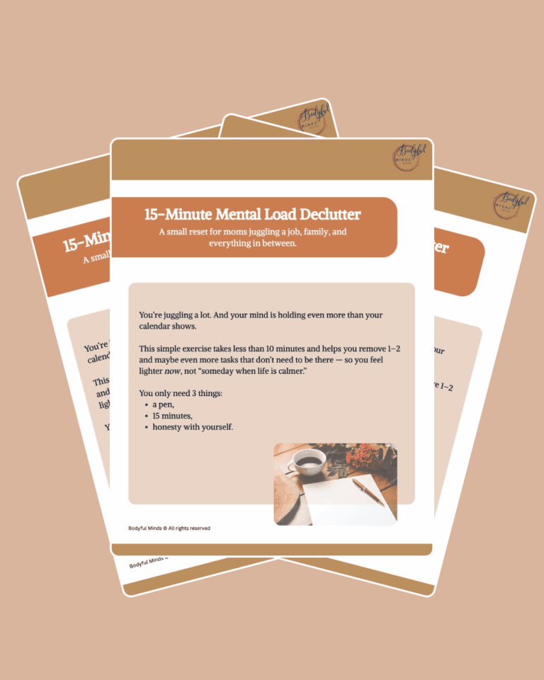 Cover of 15-Minute Mental Load Declutter Workbook; displayed like 3 print copies fanned out