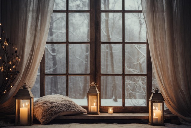 cozily decorated windowsill with lights looking into snowy landscape